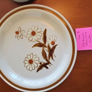 Stoneware Cream Dinner Plate Brown Rim, Floral Design